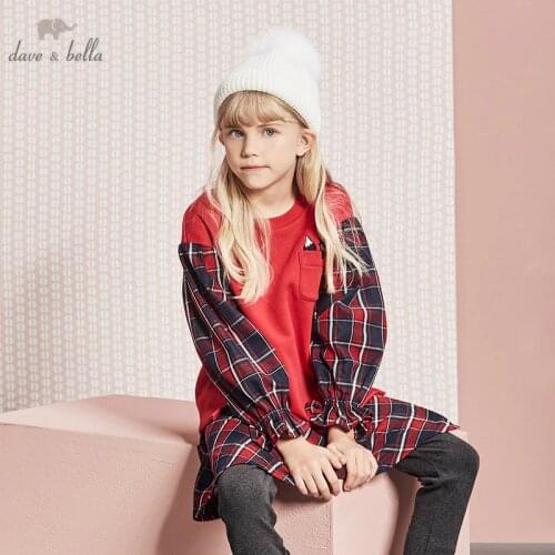 DBK11161 dave bella winter 5Y-13Y kids clothes children sweet plaid cartoon splice T-shirt girls high quality fashion tees