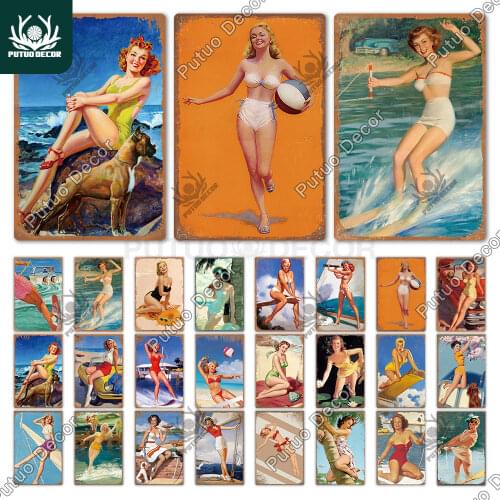 Putuo Decor Summer Pin Up Vintage Tin Sign Metal Sign Decorative Plaque Man Cave Bar Pub Living Room Decor Wall Decoration