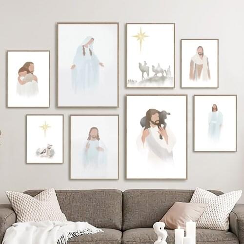 Virgin Mary Jesus Canvas Prints Christian Religion Wall Decor , Jesus Christ Watercolor Painting Poster Home Wall Art Pictures