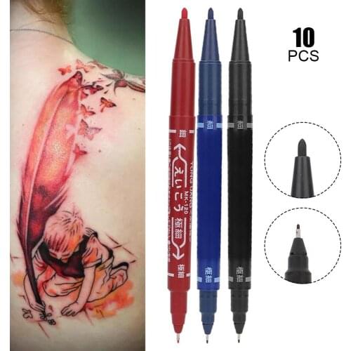 10Pcs Double-headed Tattoo Marker Pen Permanent Makeup Eyebrow Microblading Tattoo Piercing Positioning Skin Marker Pen Tattoos