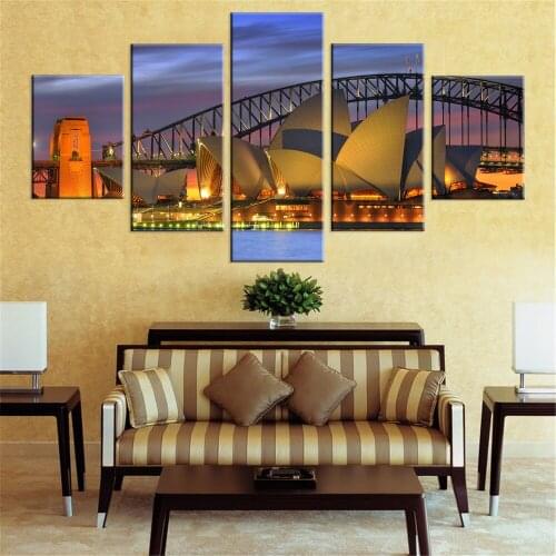 JIE DO ART 5 pieces Framed Harbor Bridge Canvas Print Sydney Night View Home Decor Wall Works Murals Modular