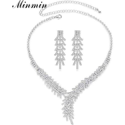 Minmin Luxury Silver Color Crystal Wedding Bridal Jewelry Sets Shiny Princess Necklace Earrings Set Fashion Party Jewelry MTL550
