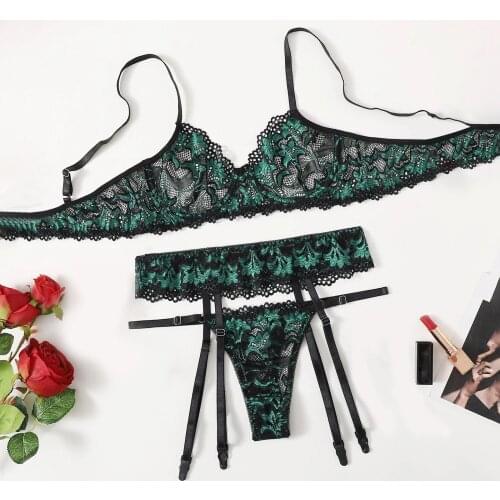 Sexy Lingerie Set Womens Underwear Embroidery Lace Bra Tops Panties Erotic Lingerie See-Through Underwear Set