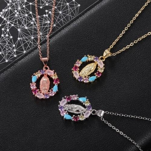 Fashion Oval Colorful Crystal Virgin Mary Pendant Necklace For Women Christian Faith Jewelry