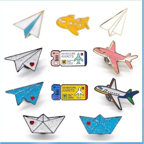 Cartoon Childhood Memory Enamel Pins airplane Boat Brooch Backpack Clothes Button Badge aircraft Ticket Jewelry For Kids Friends