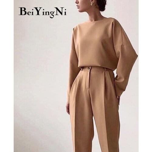 Beiyingni 2021 Autumn Winter Long Sleeve Tshirts And Pants Womens Solid Color O-neck Casual Tops Suits Female Two Pieces Sets