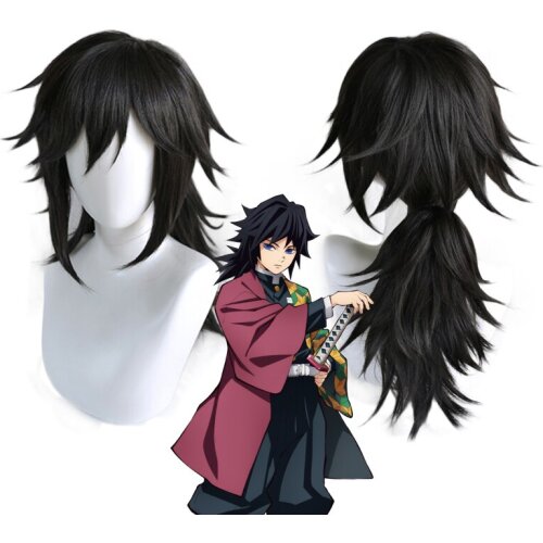 Devil slayer gimezin splits tongjia black tail wig mens clothing resistant to heat synthetic wig cosplay anime