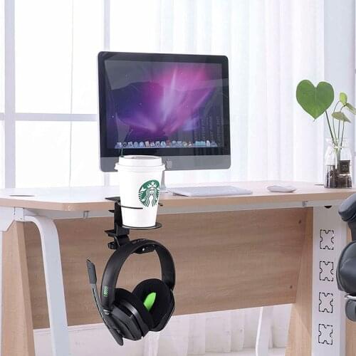 2 In 1 PC Gaming Headset Stand 360 Rotating Headphone Water Cup Holder Headphone Holder Headset Bracket Hanger Metal Wall Clamp