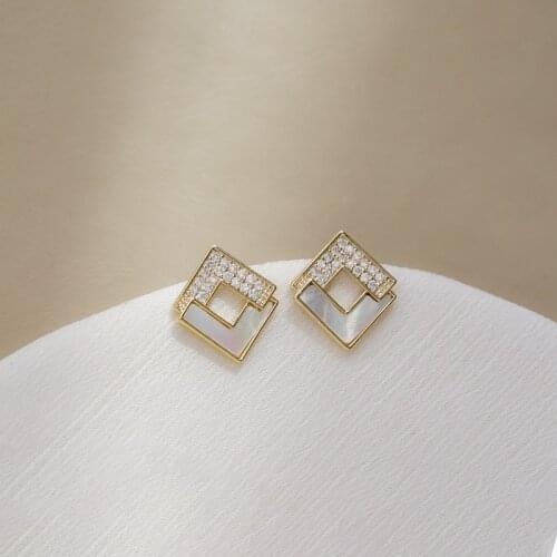 Simple Compact Square Asymmetric Rhinestone Opal Stud Earrings Trend Geometry Stereoscopic Earrings Female Fashion Jewelry
