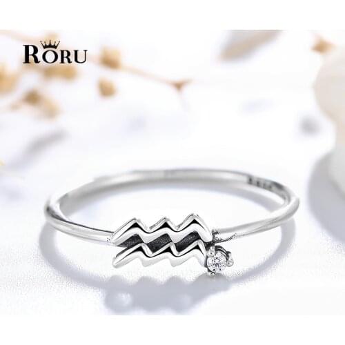 Retro Zircon Twelve Constellation Ring 100% 925 Silver Aquarius Zodiac Sign Thin Rings for Women Girls Birthday Jewelry Gift