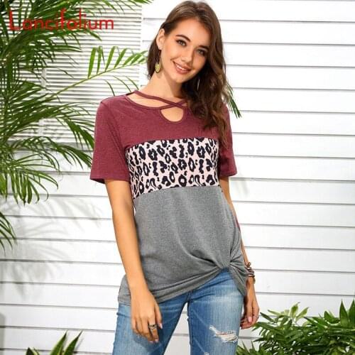 Sexy Criss Cross Lace Up V Neck Tunic Women Color Block Vintage T Shirt Ladies Tie Front Knot Tee Shirt Leopard Casual Tops 2020