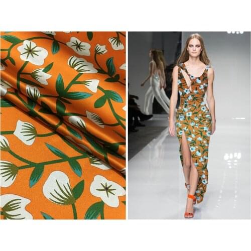 Warm orange hand-painted branch vine flower digital printing brand silk stretch satin fabric for dress wide leg pants shirt