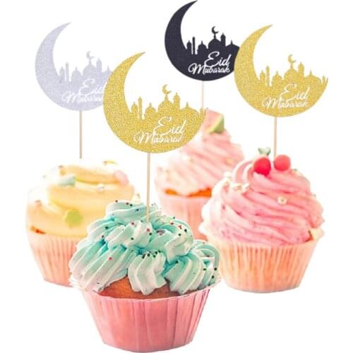 20pcs/lot Eid Mubarak Cake Topper Gold Silver Black Cupcake Cards Toppers Islamic Ramadan Dessert Decor For Home Baking Supplies