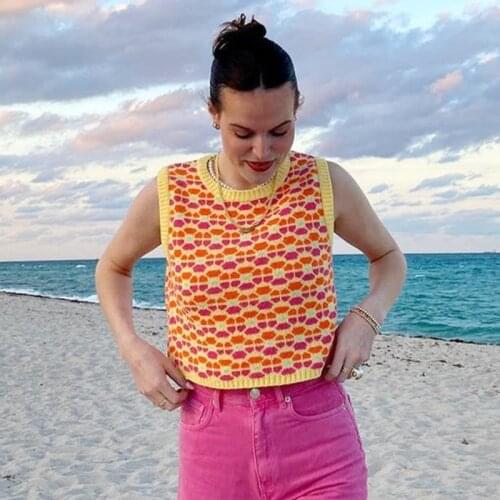 Urifens Waistcoat 2021 O Neck Sleeveless Geometric Summer Sweater Vest Womens Fashion Contrast Casual Chic Knit Crop Top BW08U