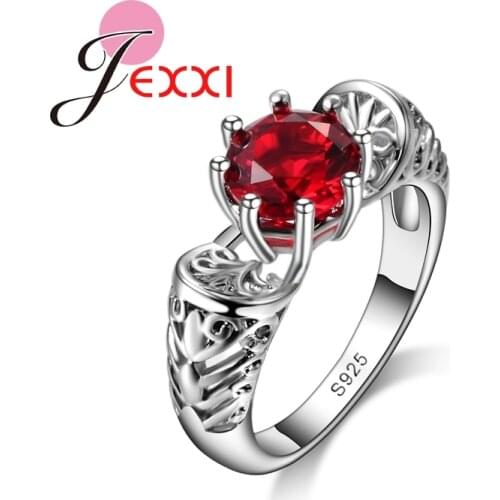 Girls Vintage Rings With Big Red Roung CZ Crystal 925 Sterling Silver Hollow Charm Jewelry Warm Birthday Gift Hot Selling