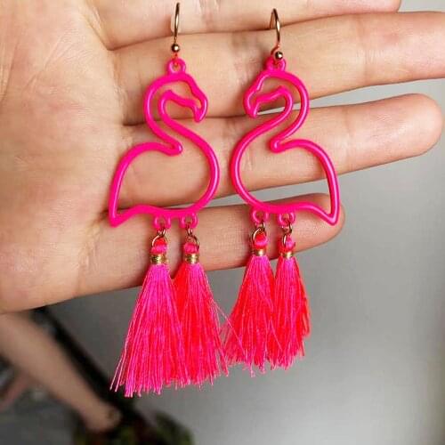 Two Heads Tassel Hollowed-out Rose Pink Flamingo Drop Earrings Friendship GIft Jewelry