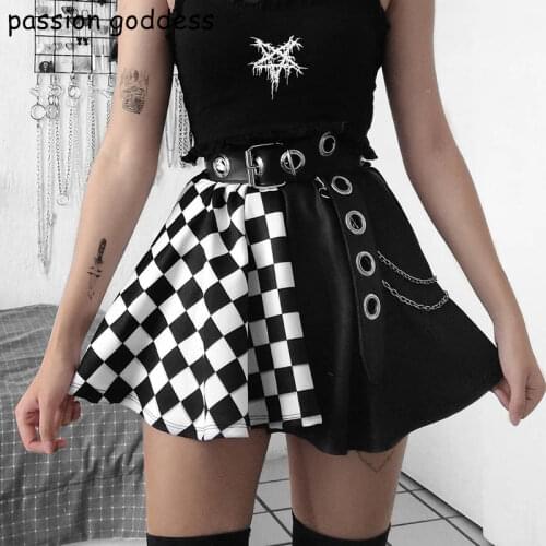 Plus Size 2021 Summer Women Sexy Black Plaid Patchwork Elastic Waist Mini A-line Skirt Dark Gothic High Fashion Emo Punk Skirt