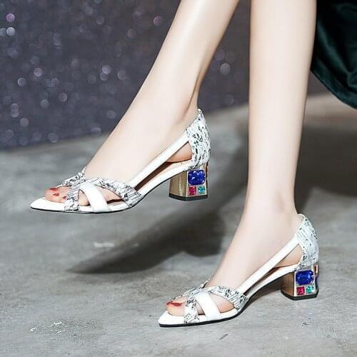 2021 New Crystal Shallow Genuine Leather Women Sandals Peep Toe High Heels Pumps Rhinestone Fashion Newest Basic Shoes Woman