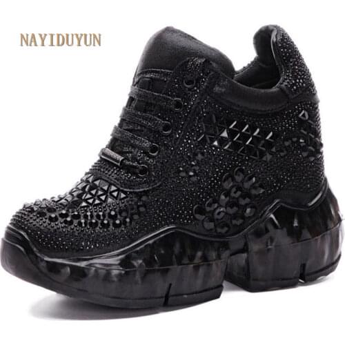 Women Rhinestone Leather Lace Up Fashion Sneakers Round Toe Platform Wedge High Heels Oxfords Trainers Boots Casual Party Shoe