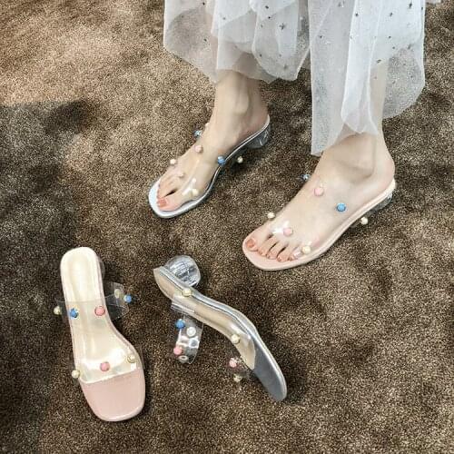 Womens Shoe Slippers New Summer Thick-heeled Transparent Rivet Jewelry Pearl Medium-heeled Shoes