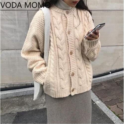 Women Solid Casual Sweater Oversize V Neck Knitted Cardigans 2020 Autumn Warm Loose Lantern Sleeve Single Row Button Female Coat
