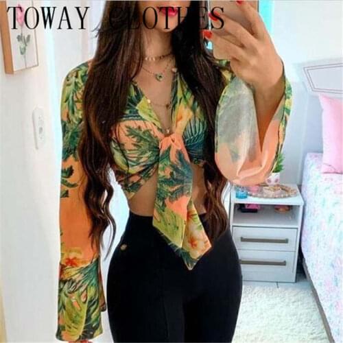 V-Neck Long Sleeve Tropical Print Tie Front Bell Sleeve Crop Top Shirt Blouse For Women 2021