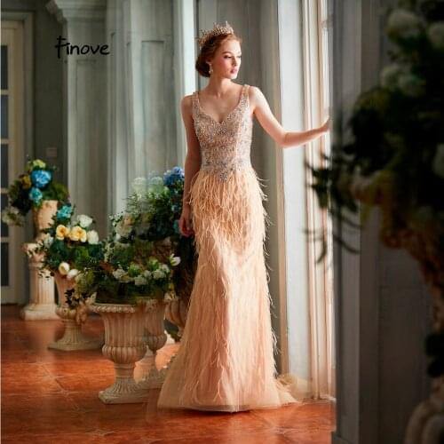 Finove Evening Dress Long 2020 New Sexy V Neck Fully Beaded Tassels And Feathers Floor Length Woman Party Dress robe de soiree
