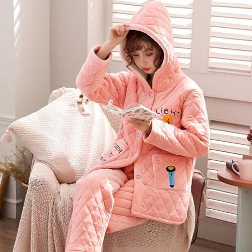 Winter Three-Layer Thickened Pajamas Flannel Coral Velvet Can Wear Large-Size Hooded Warm Sleepwear