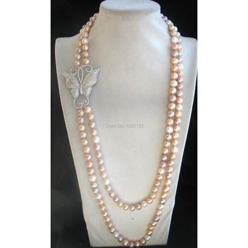 2rows freshwater pearl multicolor near round 9-10mm butterfly necklace long nature beads wholesale gift fashion