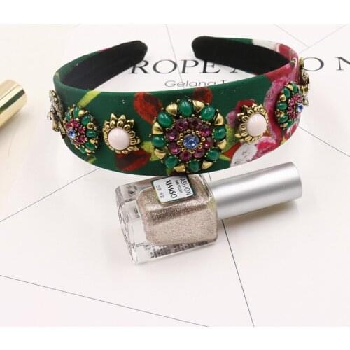 2016 Autumn Winter Catwalk Green Silk Satin Crystal Flowers Baroque Hair Accessories Headband Head Hair Band Hairband Headwear