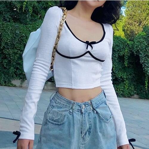 Artsu Lace Up White Long Sleeve Cropped Tshirt Casual Fashion Black Thread T-shirt Women Clothes Streetwear Tee Shirts TS41481