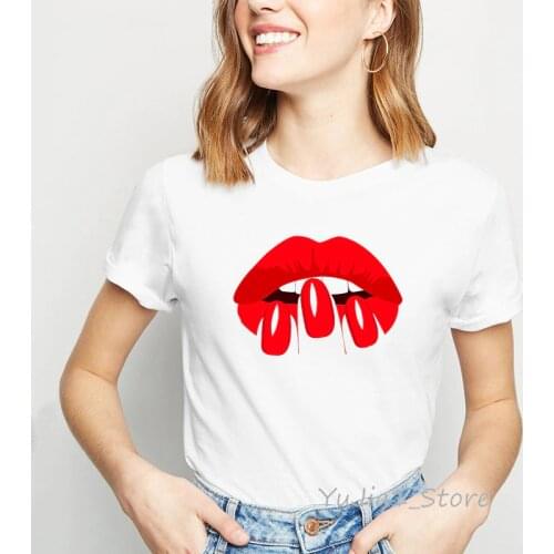 Sexy red lip printed funny tshirt femme summer top female white t-shirt hipster graphic tees women 90s grunge aesthetic clothes