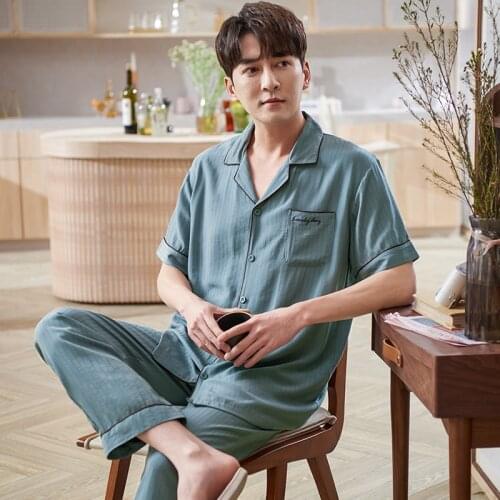 Young Men Lapel Cardigan Pajama Woven Strip Fabric Sleepwear Short Sleeve Long Pants Summer Home Clothes Plus Size Male Homewear