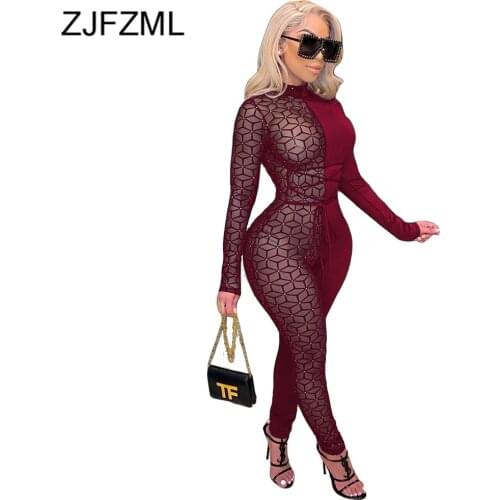 Sheer Mesh Plaid Patchwork Sexy Slim Romper Woman Mock Neck Long Sleeve See Through Jumpsuit Streetwear Color Block Long Catsuit