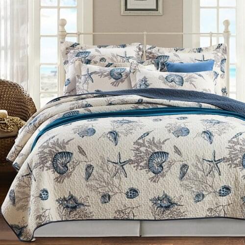 Ocean Shell Print Bedspreads Cotton Quilt Set 3 Piece Quilts For Bed Cover Queen Size Coverlet Quilted Bedding Summer Blanket