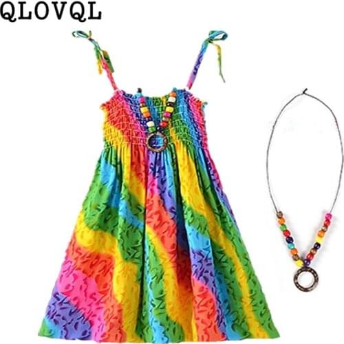 Summer Teenage Girls Dress Princess Rainbow Dresses for Teen Girls Beach Clothes 6 8 10 12 13 Year with Vintage Necklace