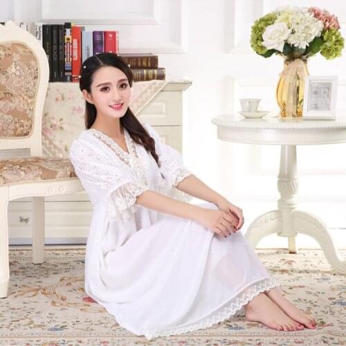 Summer Ladies Sleeping Dress Embroidery Nightgowns Half Cotton Sleepshirts Solid V-Neck Lace Sleepwear Women Sexy Nightwear 2021