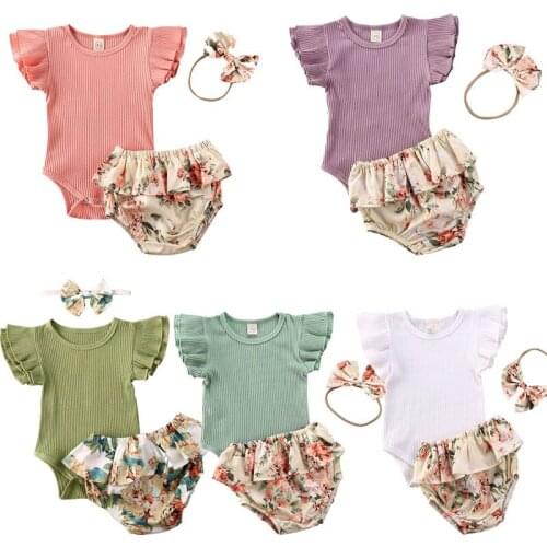 0-18M Baby Girls Summer Clothing Infant Newborn Baby Girl Ruffled Ribbed Bodysuit Floral Shorts Headband Toddler Girls 3pcs Set