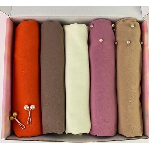 Fashion Bubble Chiffon Pearl Scarf with Box Womens Plain Hijab Wrap Solid Color Shawls Headband Islam Turban Femme Foulard