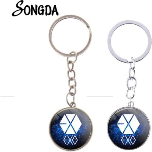 Fashion EXO Logo Kpop Keychain Hip Hop Style Korean Singing Team Superstar Glass Dome Pendant Key Ring Fans Gift Llaveros