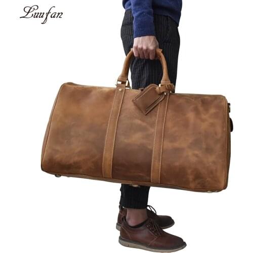 Mens Big Capacity Genuine Leather Travel Bag Durable Crazy Horse Leather Travel Duffel Real Leather Large Shoulder Weekend Bag