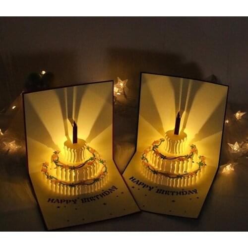 Music Light Happy Birthday Postcard 3D Birthday Cake Pop-Up Greeting Gift Cards Vintage Invitations For Girl Kids Wife Husband