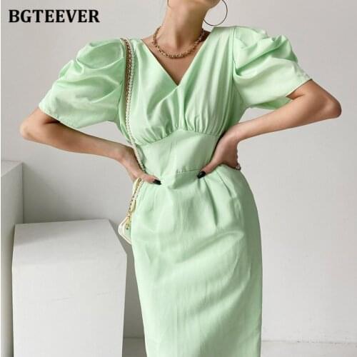 BGTEEVER Vintage V-neck Summer Women Dress 2021 High Waist Bodycon Dresses for Women Puff Sleeve Midi Vestidos femme