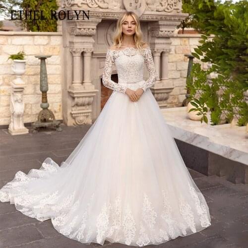 ETHEL ROLYN A-Line Wedding Dress 2021 Classy Boat Neck Delicate Beaded Lace Appliques Bride Long Sleeve Princess Bridal Gown