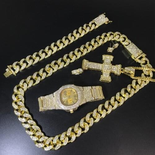 Luxury Men Gold Watch Hip Hop Men Cuban Necklace & Watch & Braclete & Ring & Earrings Combo Set Ice Out Cuban Hip Hop For Men