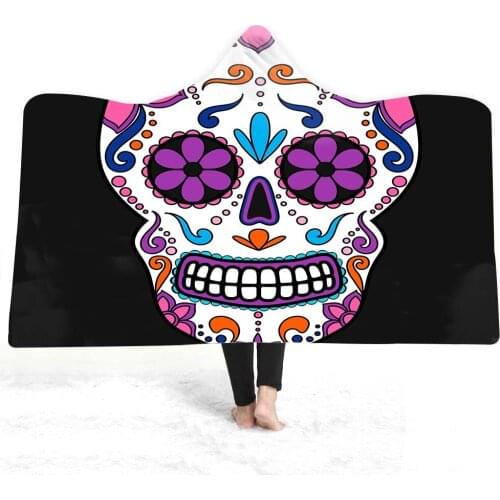 Sugar Skull Flower Hooded Blanket Floral Gothic Sherpa Fleece Wearable Throw Blanket on Bed Sofa for Adults 1.5*2m Gift