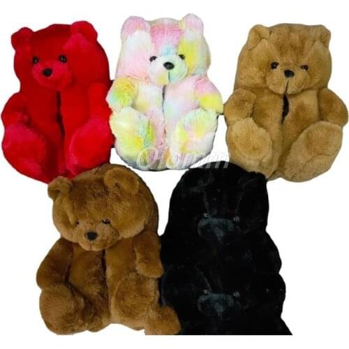 Women Teddy Bear Slippers Cartoon Cute Bear House Slipper warm furry plush Furry Faux Fur Slides Woman Furry Flip Flop Shoes