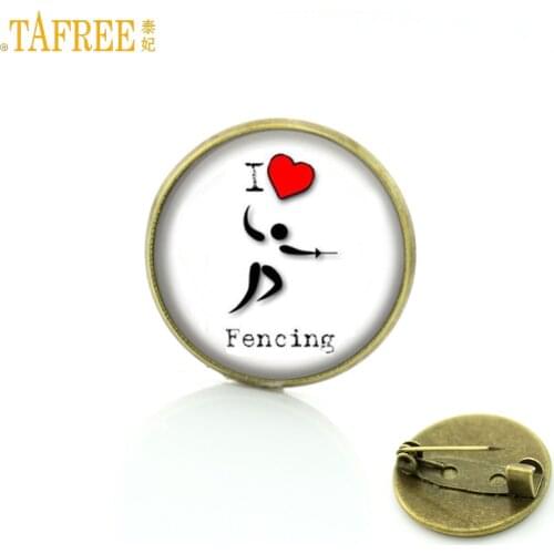 TAFREE Brand simple design I Love Fencing brooches vintage men women sports lover badge jewelry club Swordsman pins gifts SP83