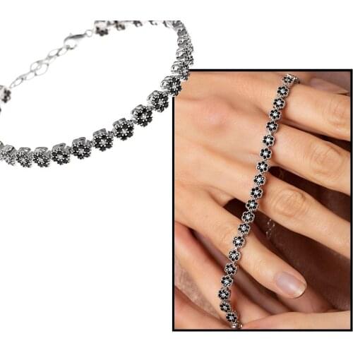 Tesbihane Black Zircon Stone Flower Design Full Tour 925 Sterling Silver Women Bracelet