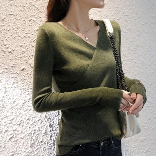 V-neck Cross Knit Top Merino Sweater Women Thin Clavicle Sweater Long Sleeve Slim Bottoming Shirt Women